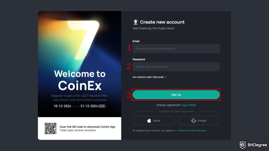 CoinEx review: enter your email and create a password. CoinEx review: enter your email and create a password.