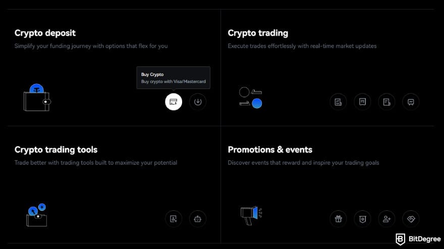 Toobit exchange review: platform features overview, showing the ability to buy crypto using Visa/Mastercard. Toobit exchange review: platform features overview, showing the ability to buy crypto using Visa/Mastercard.