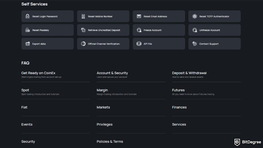 CoinEx review: self service and FAQ page. CoinEx review: self service and FAQ page.
