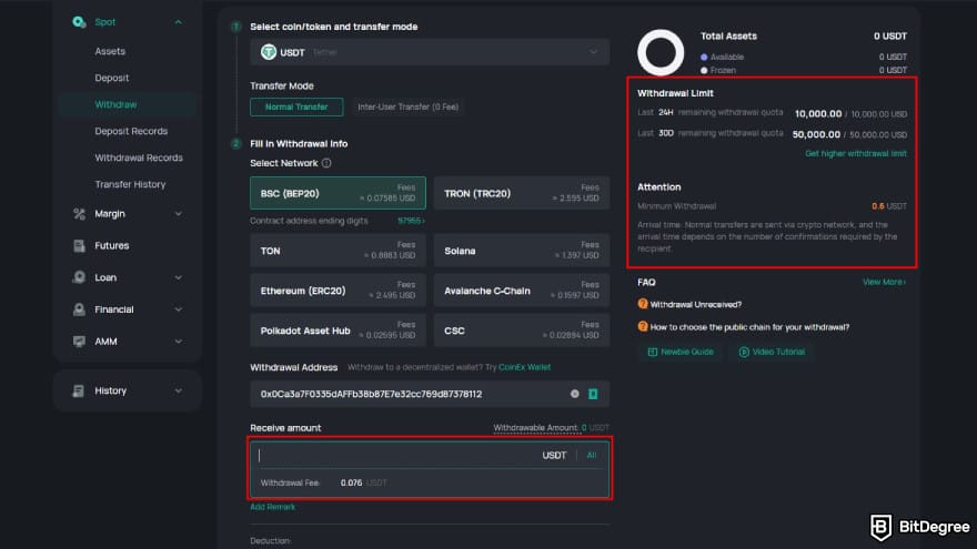CoinEx review: enter the amount of crypto you wish to withdraw. CoinEx review: enter the amount of crypto you wish to withdraw.