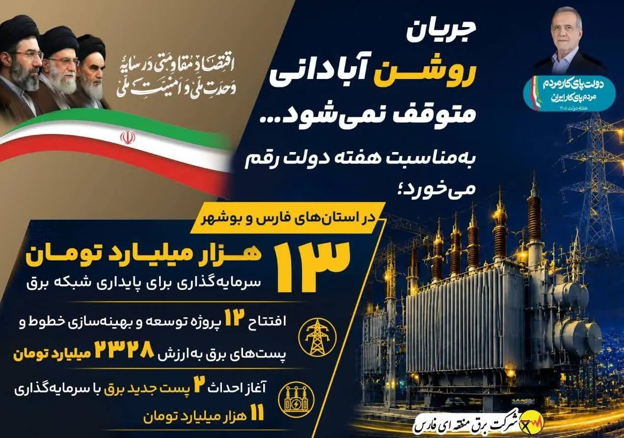 تضمین برق پایدار صنایع و مسکن ملی با اجرای ۱۴ کلانپروژه زیرساختی در فارس و بوشهر / تزریق بالغ بر ۱۳ هزار میلیارد تومان سرمایه برای توسعه و تثبیت شبکه برق جنوب کشور