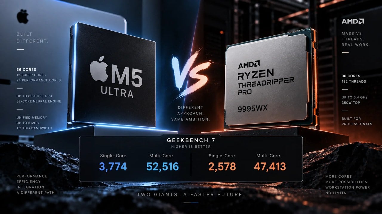 M5 Ultra اپل در Geekbench 7 از Threadripper PRO 9995WX عبور کرد؛ برتری با کمتر از نصف هستهها
