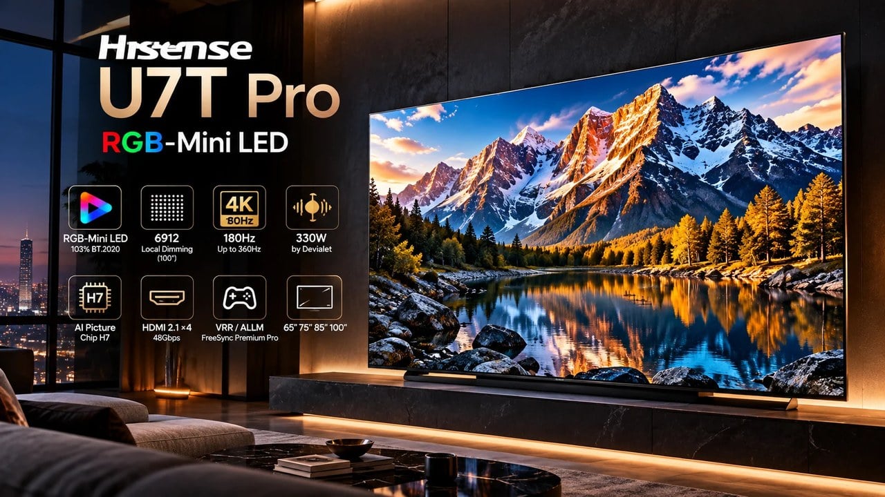 هایسنس U7T Pro معرفی شد؛ تلویزیون RGB-Mini LED با ۶۹۱۲ ناحیه نوردهی و صدای ۳۳۰ واتی
