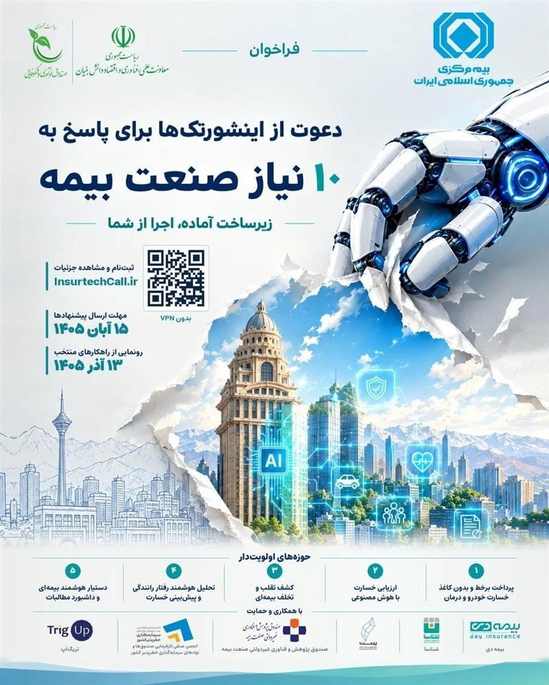 فراخوان مشترک بیمه مرکزی و نهادهای فناوری برای توسعه راهکارهای نوآورانه؛ دعوت از اینشورتكها برای پاسخ به ۱۰ نیاز صنعت بیمه