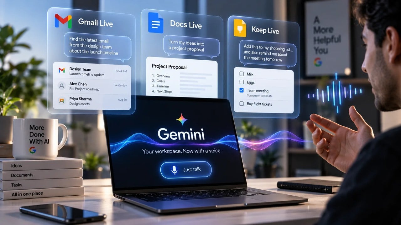 گوگل Gmail، Docs و Keep را به فرمان صوتی Gemini مجهز کرد؛ فقط حرف بزنید، هوش مصنوعی کارها را انجام میدهد